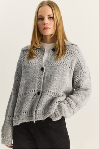 Texturerad polo-krage knäpp cardigan