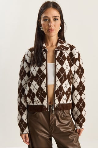 Thick Jacquard Knit Cardigan with Zipper