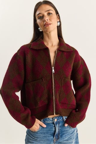 Thick Jacquard Knit Cardigan with Zipper
