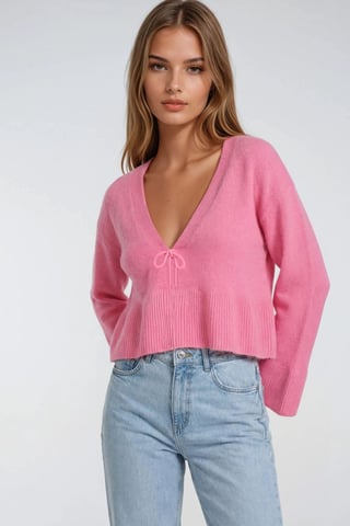 Tie Detailed Ruffled V-Neck Knit Sweater