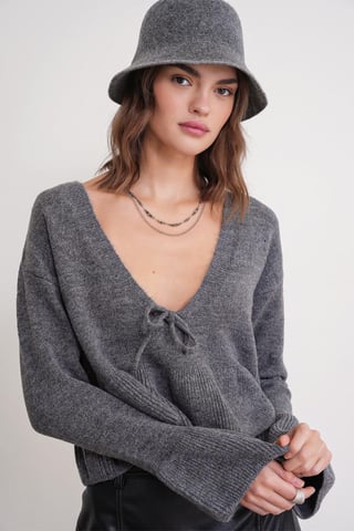 Tie Detailed Ruffled V-Neck Knit Sweater