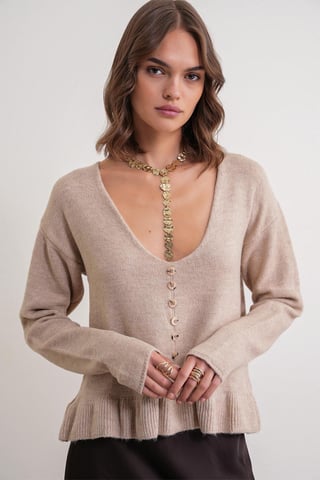 Lightweight V-Neck Knit Top with Button Detail