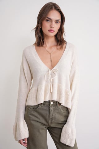 Tie Detailed Ruffled V-Neck Knit Sweater
