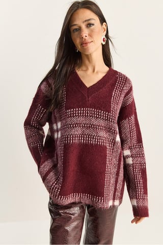 Plaid V-Neck Long Sleeve Knit Sweater