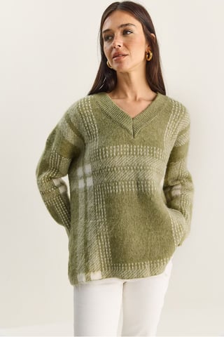 Plaid V-Neck Long Sleeve Knit Sweater
