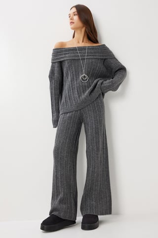 Off-Shoulder Ribbad Stickad Tvådelad Set