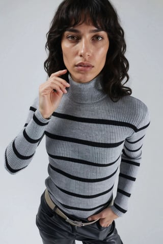 Fitted Striped Ribbed Turtleneck Sweater