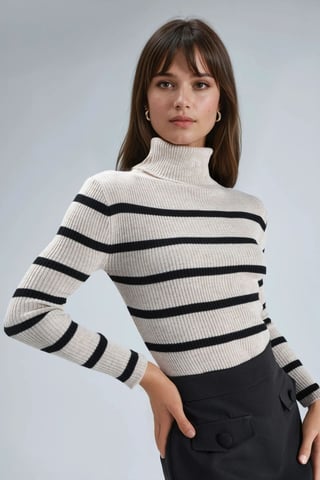 Fitted Striped Ribbed Turtleneck Sweater