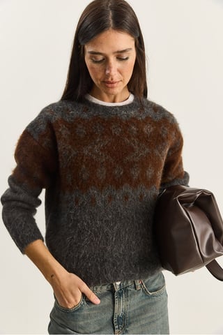 Ethnic Pattern Thick Knit Sweater with Crew Neck