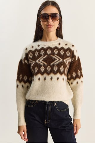 Ethnic Pattern Thick Knit Sweater with Crew Neck