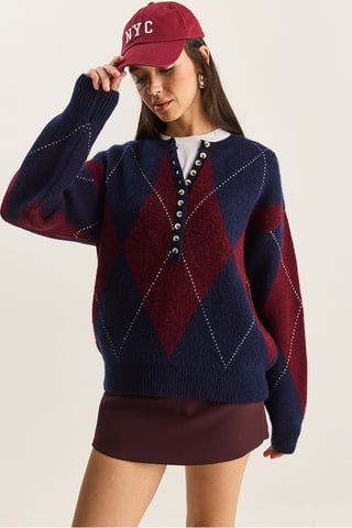 Knit Crew Neck Sweater with Button Closure