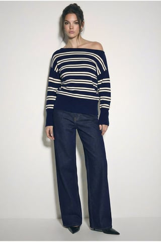 Off Shoulder Striped Ribbed Sweater