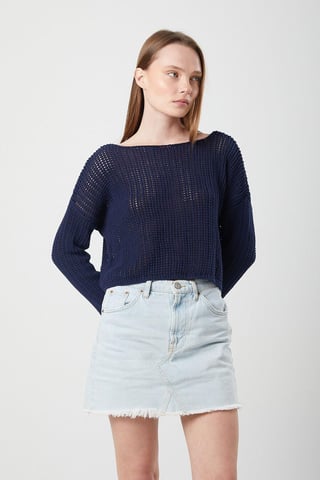 Openwork Boat Neck Crop Knit Top