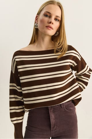 Off Shoulder Striped Ribbed Sweater