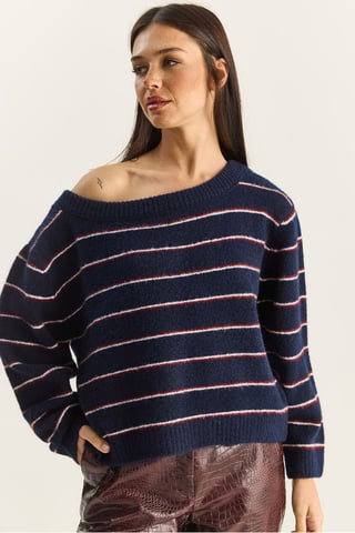 Oversized Striped Knit Sweater with Asymmetrical Collar
