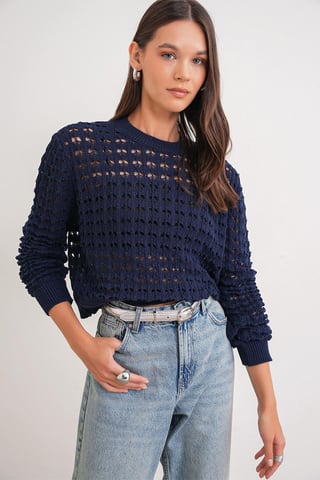 Textured Knit Relaxed Crop Sweater with Crew Neck