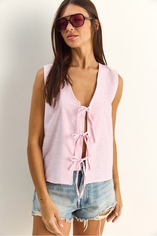 Gestreepte V-hals Blouse met Strikdetail