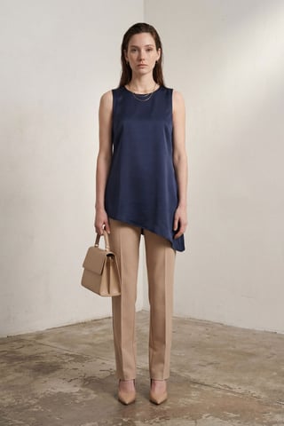 Satin Crew Neck Sleeveless Long Blouse with Slit
