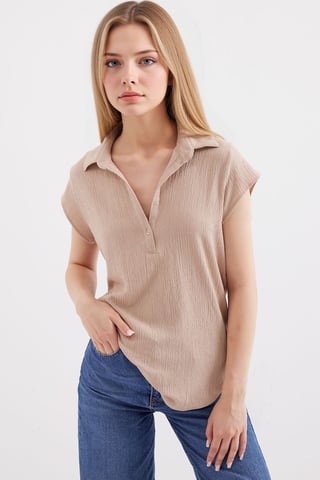 Texturerad polotröja blus med knäppning