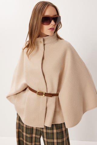 Belted Gabardine Loose Fit Jacket with Half Turtleneck