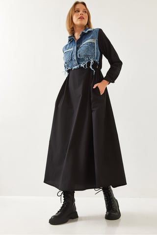 Texturerad Gabardin Maxikjol med Skjortkrage och Knäppning
