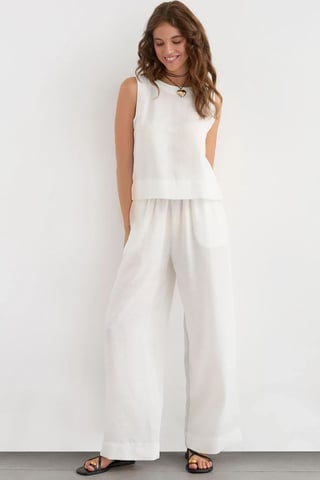Linen Feel Blouse & Elastic Waist Pants Two-Piece Coord Set