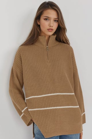 Loose Fit Striped Sweater with Zipper Collar