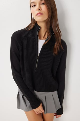Ribbed Zipper Collar Knit Sweater