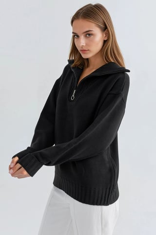 Oversized Ribbed Knit Sweater with Zipper Collar