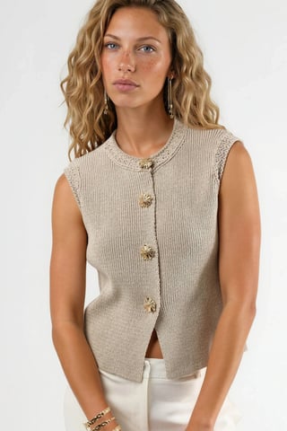 Textured Crew Neck Knit Top with Button Details