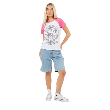 Brave Soul Womens/Ladies Lettering Contrast Sleeves T-Shirt (White/Coral)