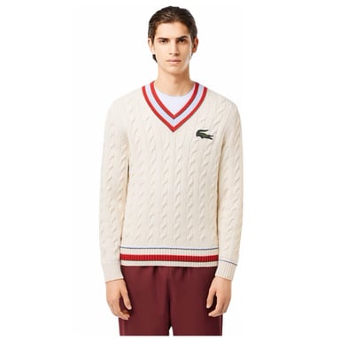 Lacoste Unisex Adult Cable Knit Ribbed Cuff Regular Sweater Top (Cream/Red)
