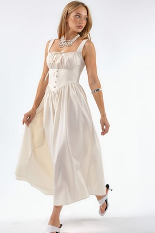 Midi Dress with Square Collar and Button Detail