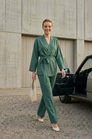 Belted V-neck Long Sleeve Two-Piece Set