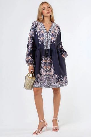 Belted Mini Dress with V-Neck in Paisley