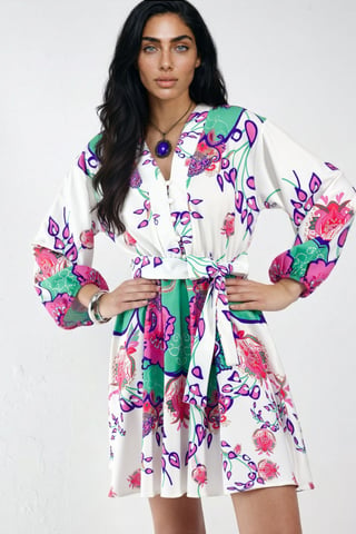 Floral V-Neck A-Line Mini Dress with Belt