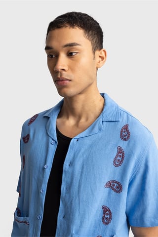 Men's Cotton Embroidered Poplin Short Sleeve Shirt