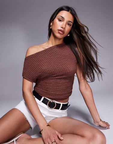 ASOS DESIGN off shoulder textured ruched top in brown