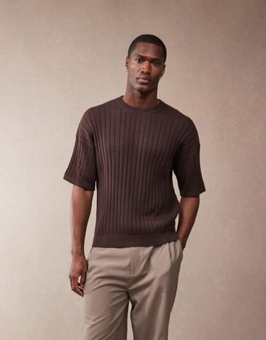 ASOS DESIGN relaxed knitted rib t-shirt in brown