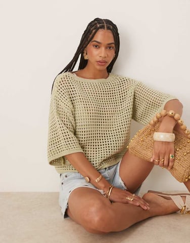 ASOS DESIGN knitted relaxed open stitch t-shirt in green