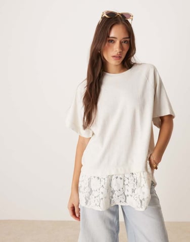 ASOS DESIGN oversized raglan t-shirt with lace hem detail in cream
