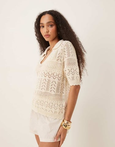 Vila patterned crochet short sleeve knitted polo top in birch cream