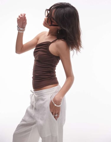 Topshop jersey asymmetrical strap top in brown