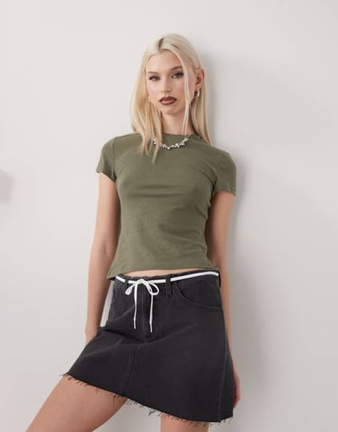 Weekday linen blend fitted t-shirt in khaki exclusive to ASOS