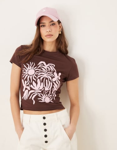 ASOS DESIGN baby tee with floral graphic in chocolate