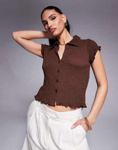 ASOS DESIGN textured button up short sleeve top in chocolate