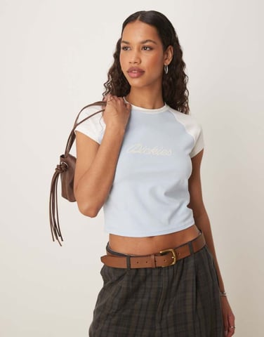 Dickies western rope logo raglan baby tee in light blue and off white