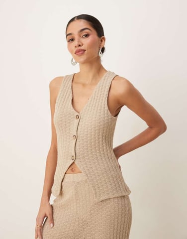 ASOS DESIGN co-ord knit button through sleeveless waistcoat in stone