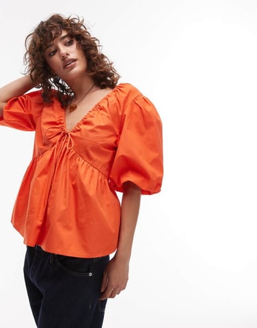 Topshop poplin puff sleeve top in orange