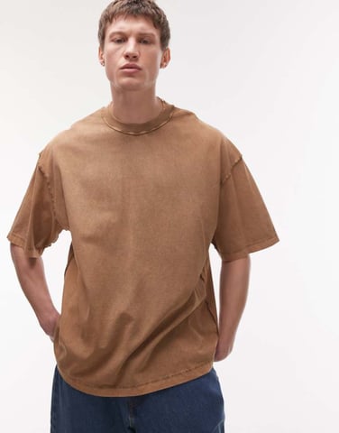 Topman extreme oversized washed raw seam detail t-shirt in brown